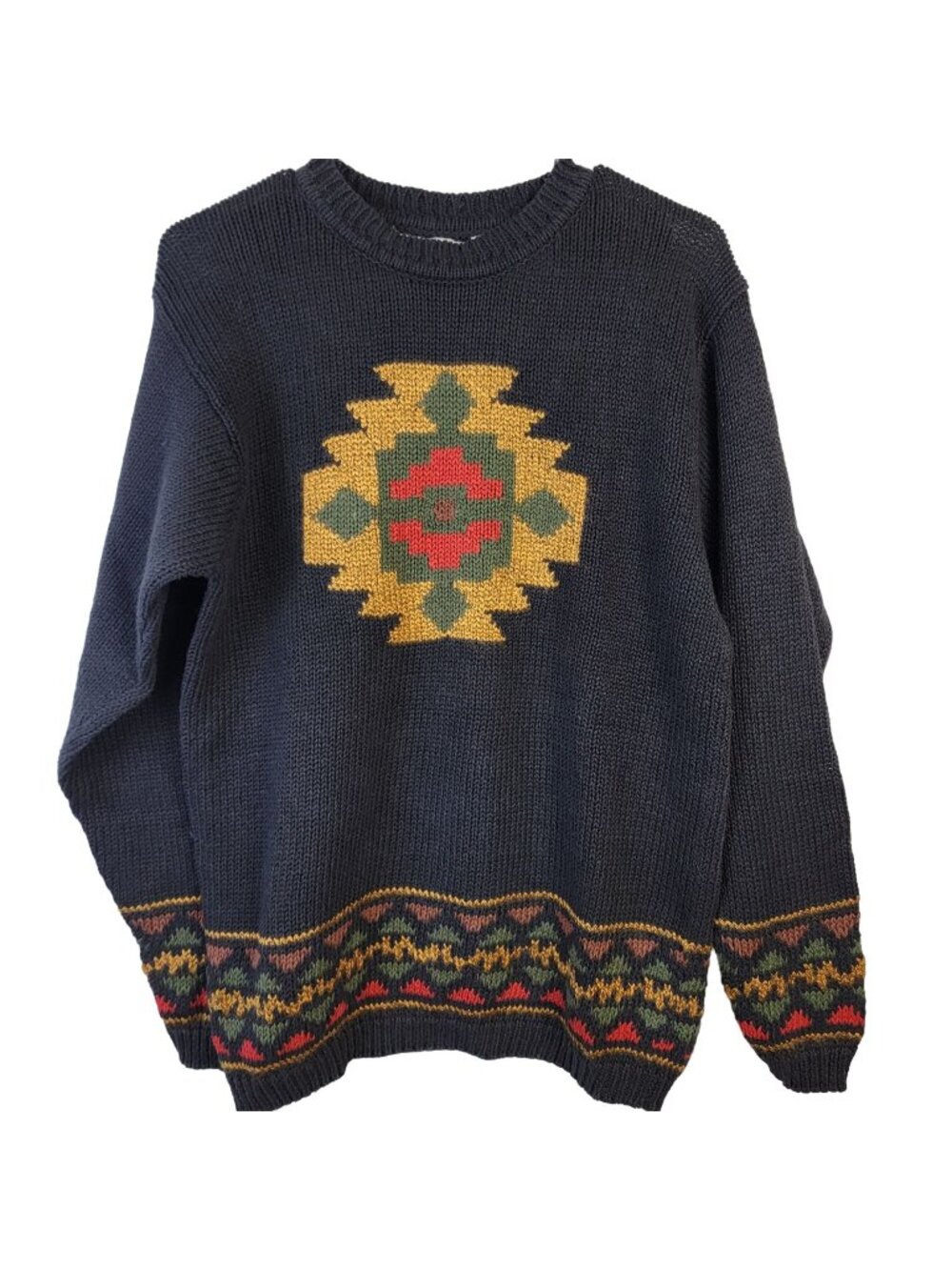 Vintage 90s Aztec Sweater Women Small Black Pullover Geometric Shirt Top 6 Boho